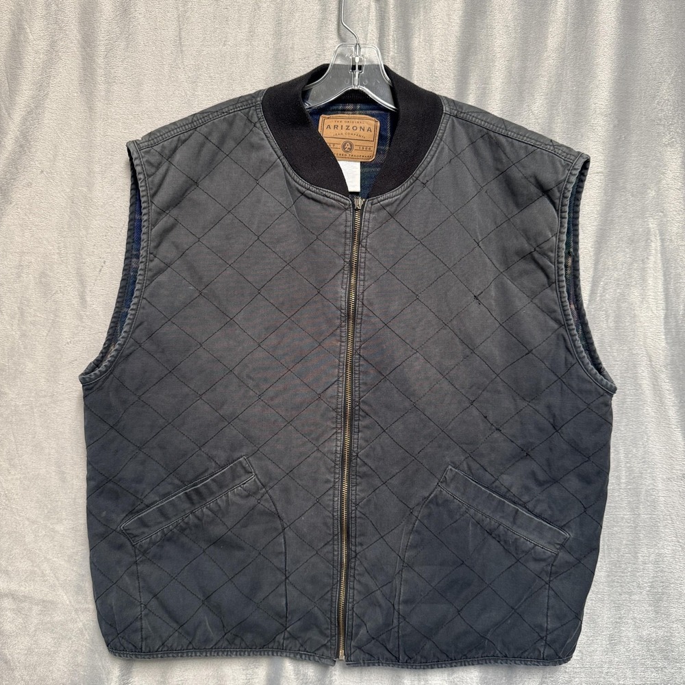 Arizona Jean Company Vest Mens‎ XXL Gray Quilted Zip Front Plaid Flannel Lined